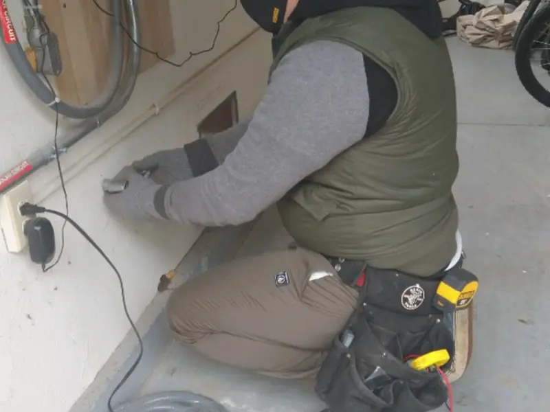 Electrician performing outlet wiring in a Coe garage